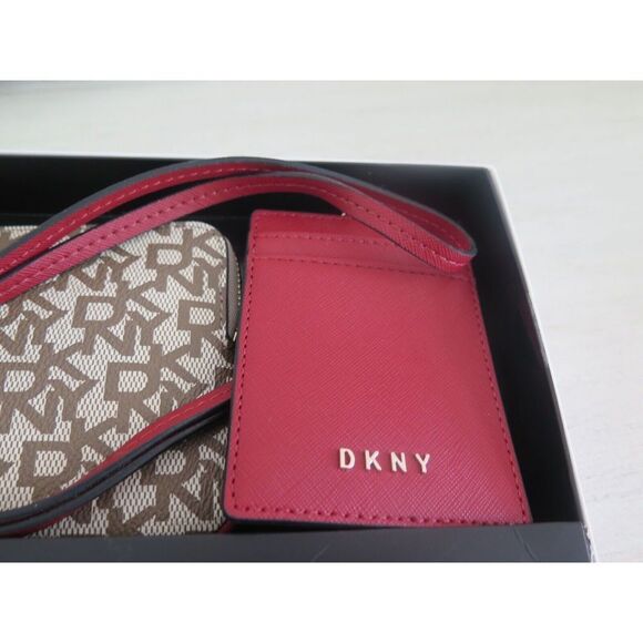 DKNY R13LJQ84 Brown Signature Logo Wristlet Clutch Lanyard ID Holder Gift Set - Picture 9 of 11